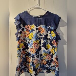 Navy Floral Ruffle Sheer Sleave Blouse, The Limited Size Large